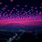 Drone show lighting up Indonesian night sky.