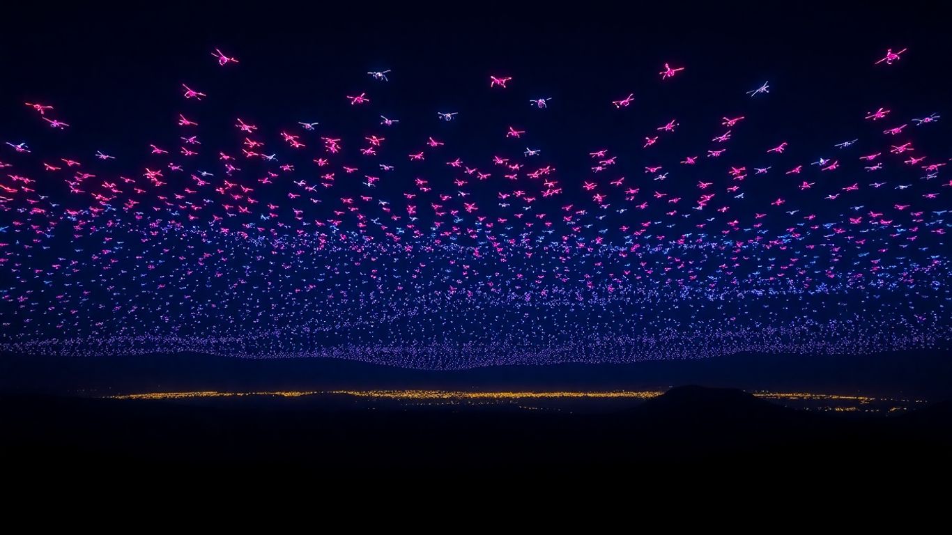 Drones create glowing shapes in Indonesia's night sky.