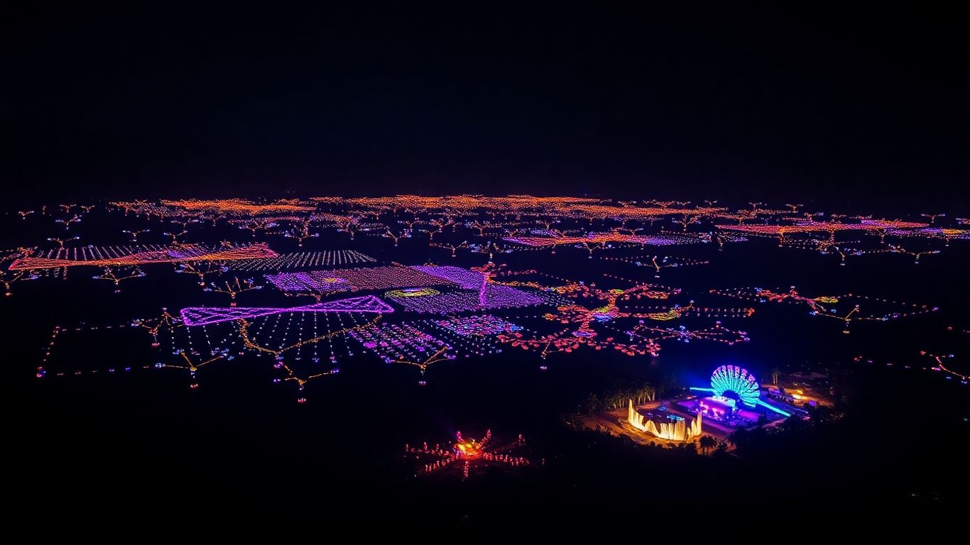 Drones light up the Bali night sky at an event.