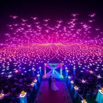 Wedding drone light show illuminating the night sky.