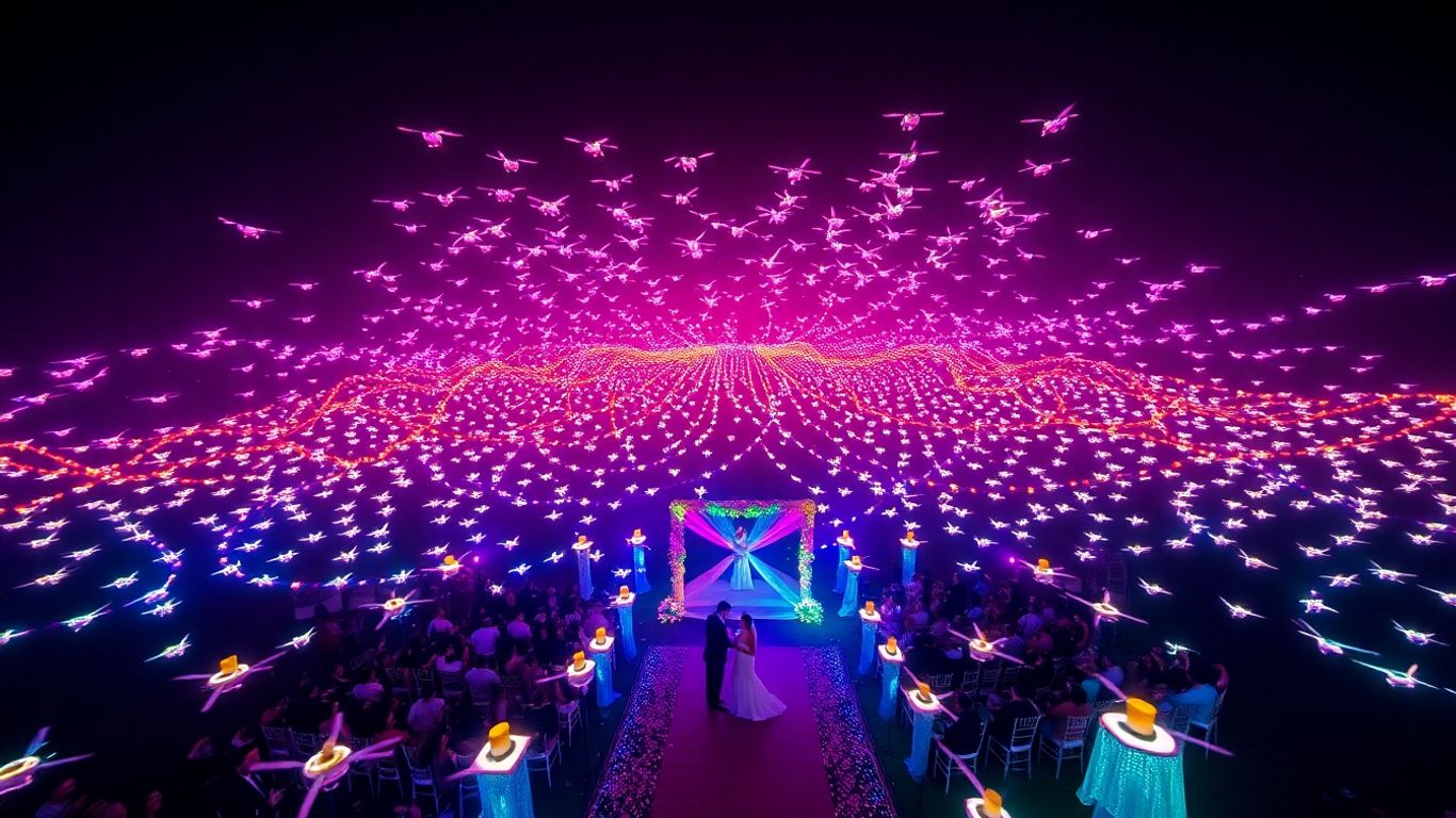 Wedding drone light show illuminating the night sky.