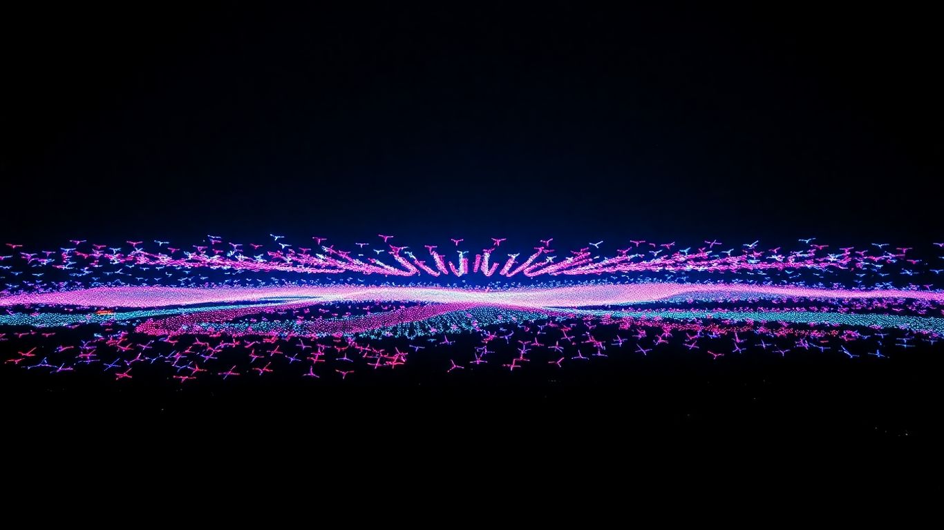 Dazzling drone light show over Bali at night.