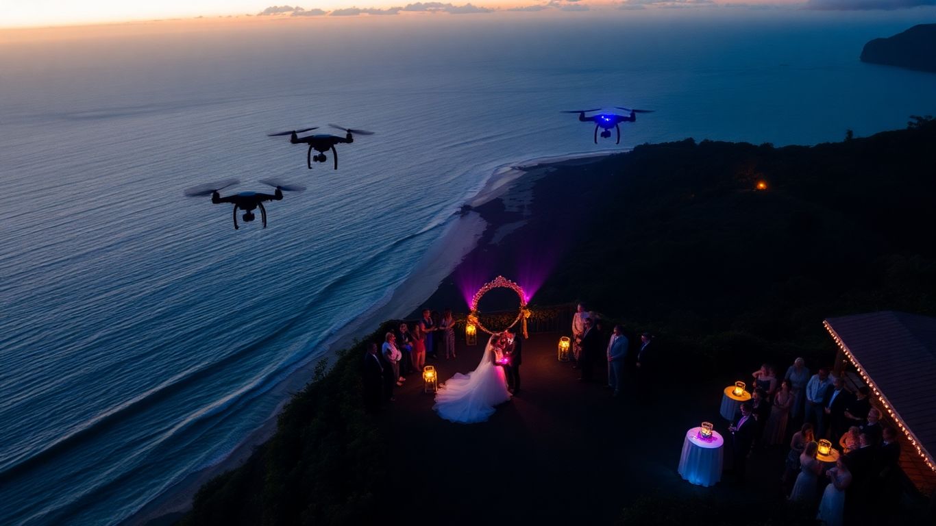 Drone view of a magical Bali wedding at sunset.