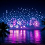 Drone light show over Bali ocean at night.