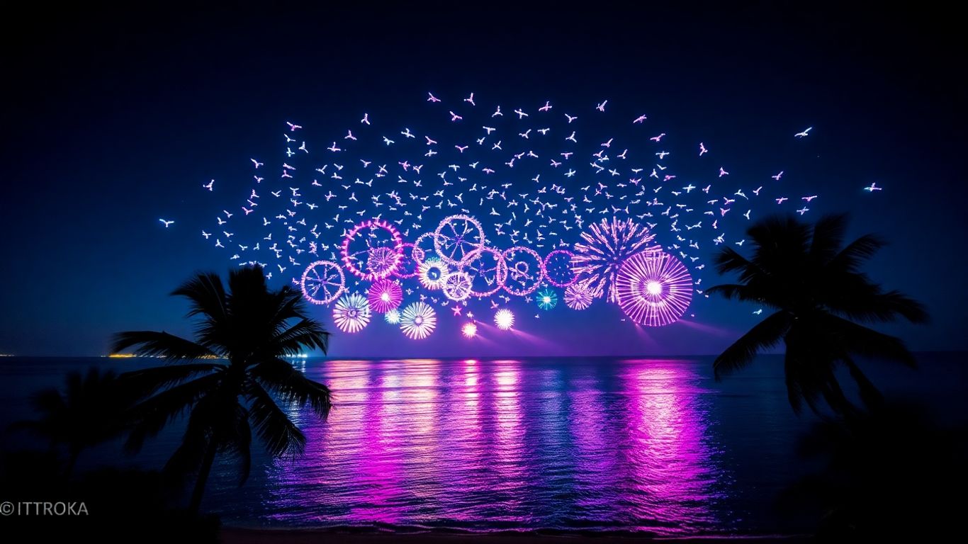 Drone light show over Bali ocean at night.